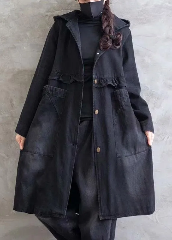 Women Plus Size Overcoat Denim Black Hooded Ruffles Outwear