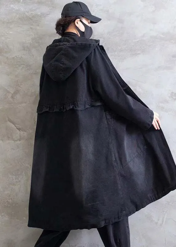 Women Plus Size Overcoat Denim Black Hooded Ruffles Outwear