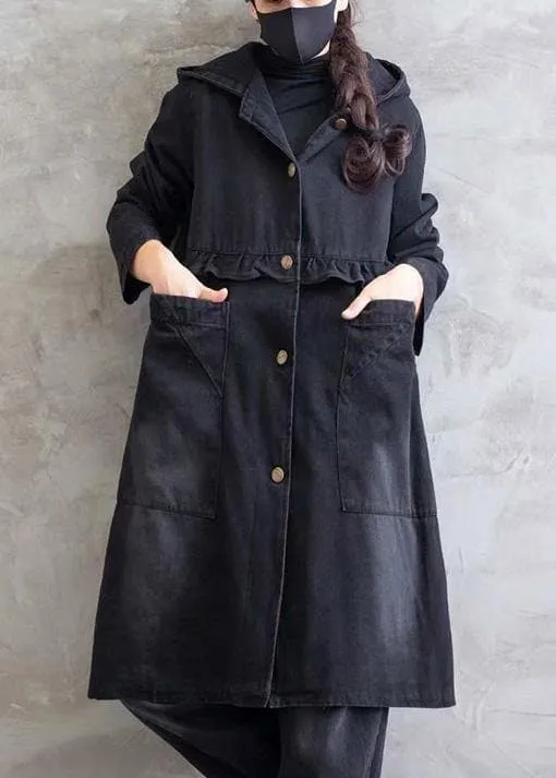 Women Plus Size Overcoat Denim Black Hooded Ruffles Outwear