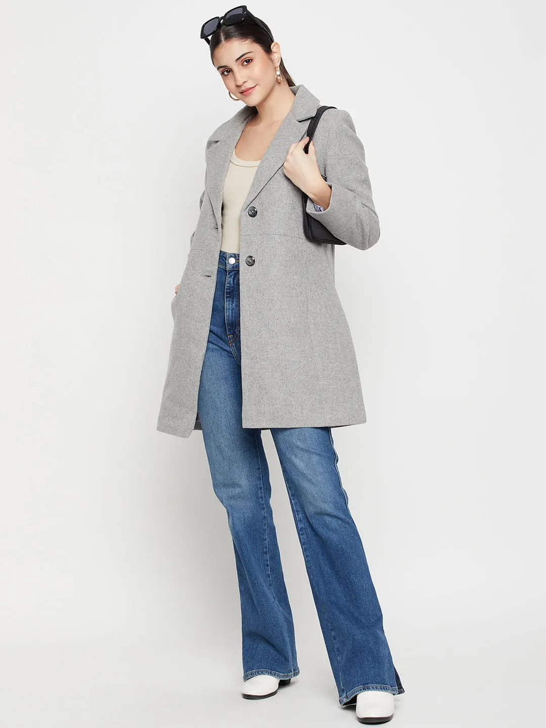 Women's Casual  Grey Single breasted  Notched Lapel Collar Long Coat