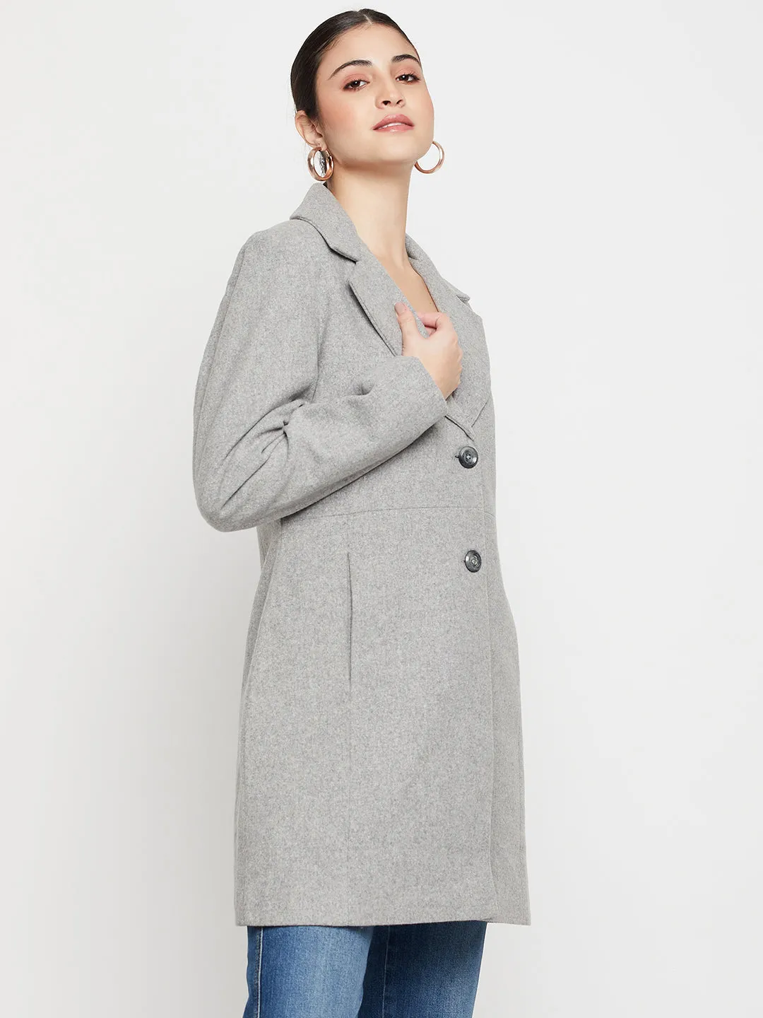 Women's Casual  Grey Single breasted  Notched Lapel Collar Long Coat