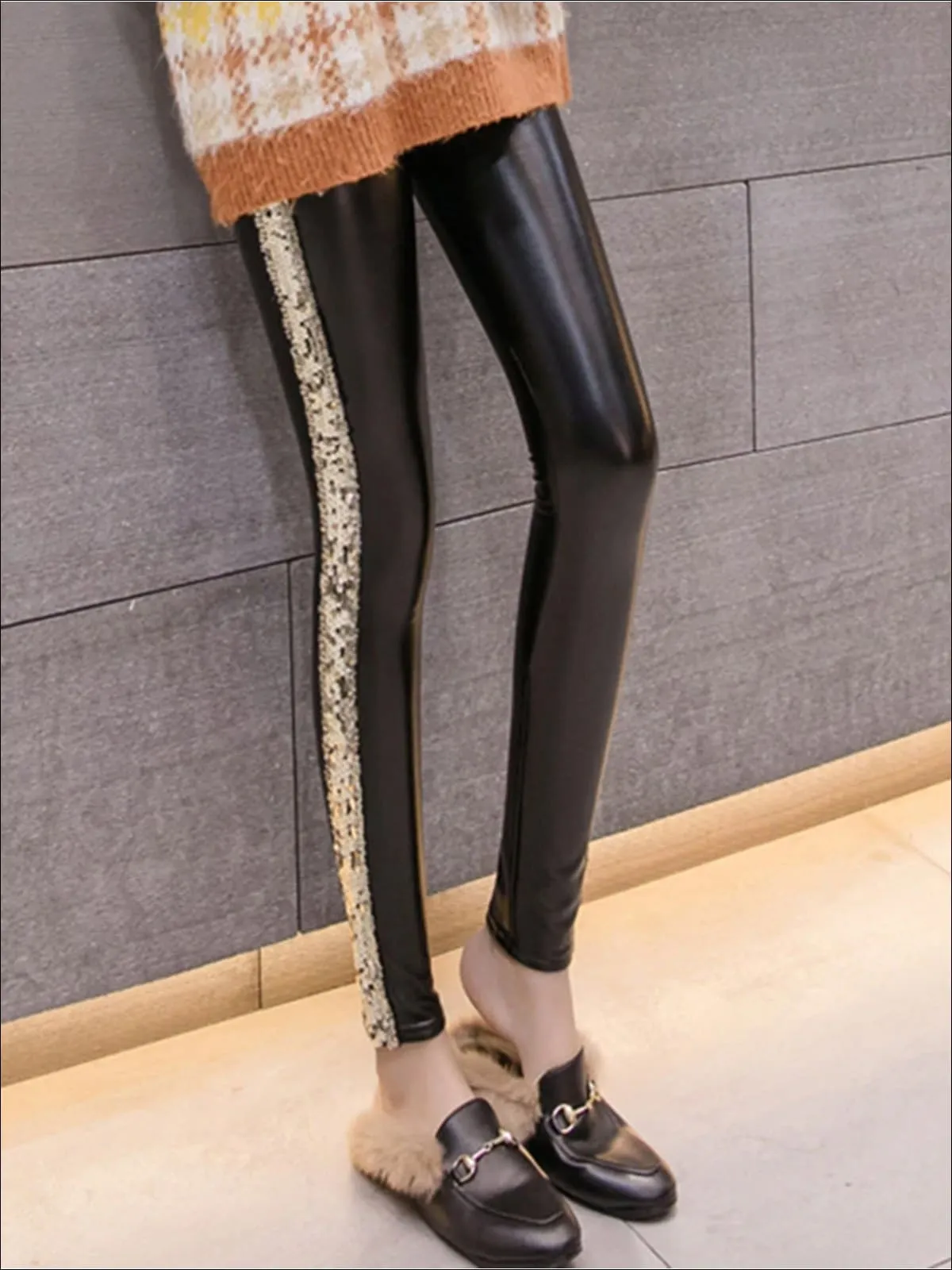 Women's Classic Side Sequined Synthetic Leather Leggings