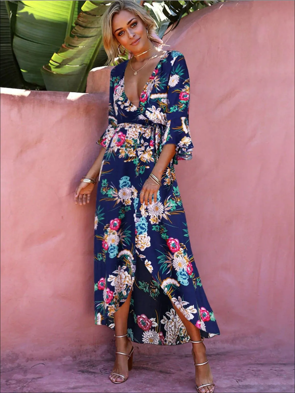 Women's Floral Flare Sleeve Hi-Lo Wrap Dress