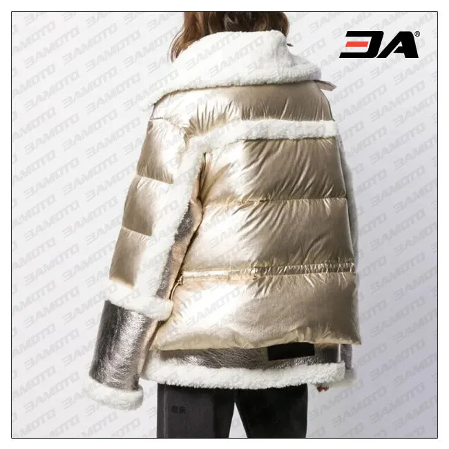 Womens Metallic Puffer Shearling Coat